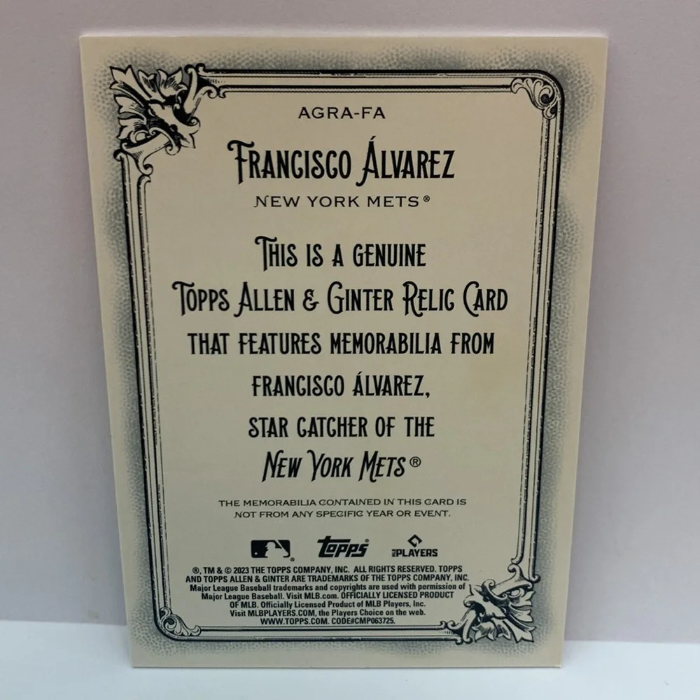 2023 Topps Allen & Ginter Francisco Alvarez Mets Relic #AGRA-FA (MISC9)